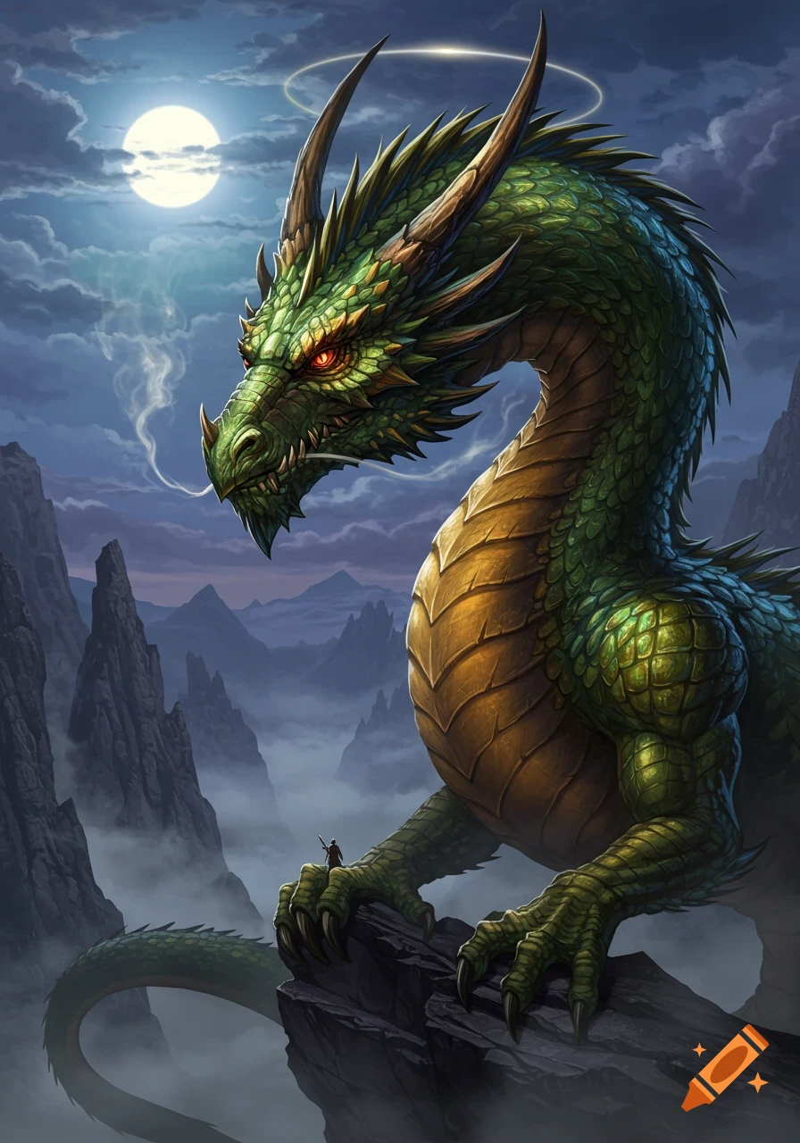A massive green dragon with red eyes sits on a mountain cliff under a full moon, observed by a tiny human figure.