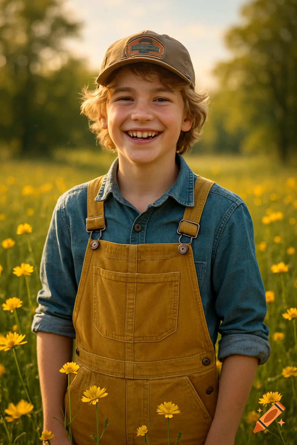 A smiling boy in denim and mustard yellow overalls with a cap stands in a sunny meadow filled with yellow wildflowers.