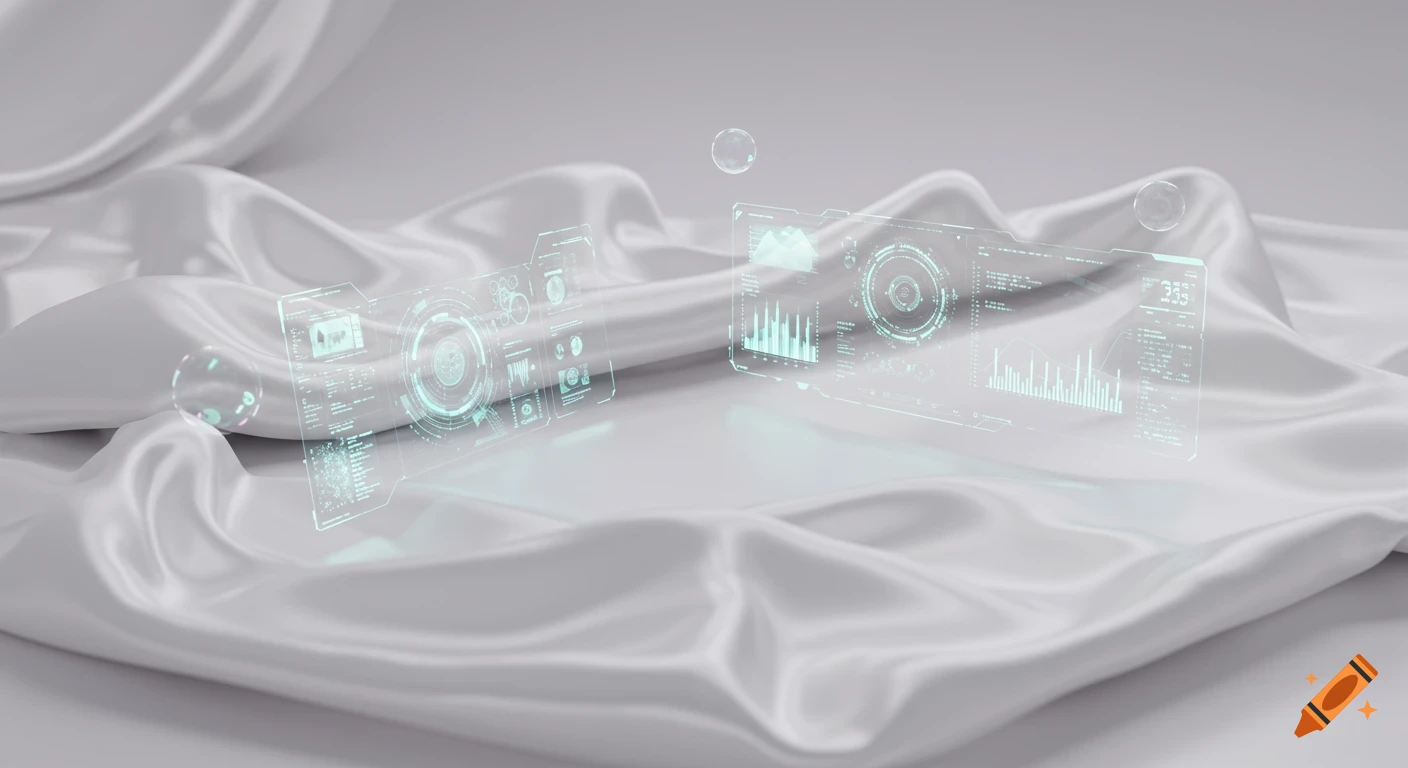 Holographic tech displays float above luxurious white satin fabric, showing abstract data in a minimalist setting.