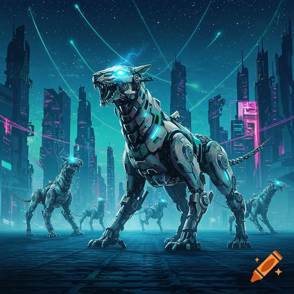 Several futuristic robot wolves with glowing eyes roam a dark, neon-lit cyberpunk city.
