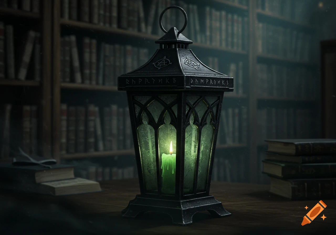 A dark, ornate cast iron lantern with a glowing green candle sits on a wooden table in an ancient, dim library filled with old books.