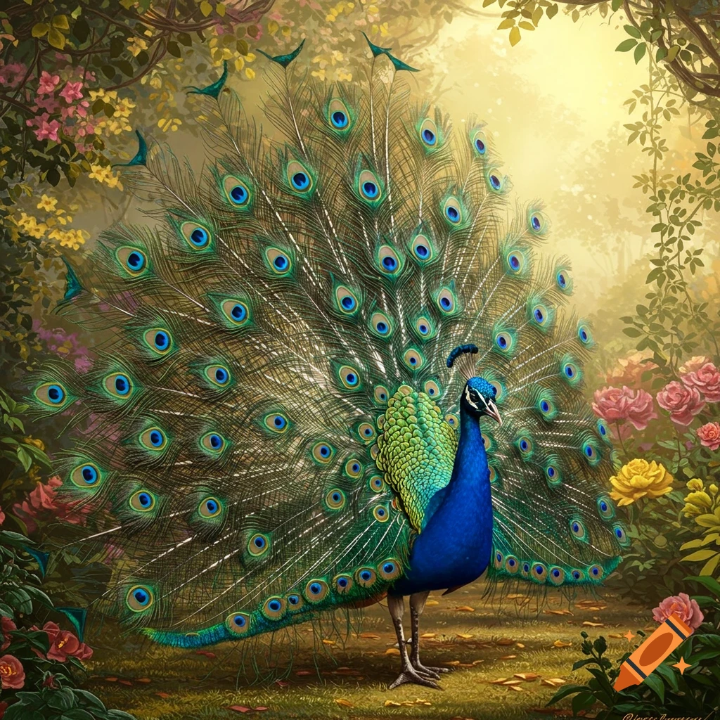 A majestic peacock with its vibrant tail fanned out, standing in a lush, sun-dappled garden filled with colorful flowers.