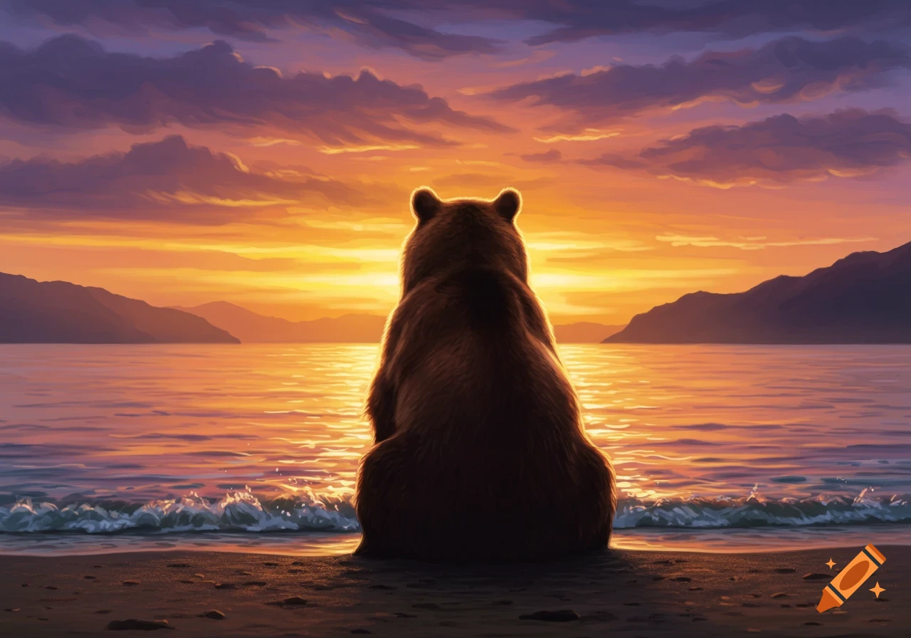 A brown bear sits on a beach, facing away, looking at a vibrant orange and purple sunset over a calm sea with distant mountains.