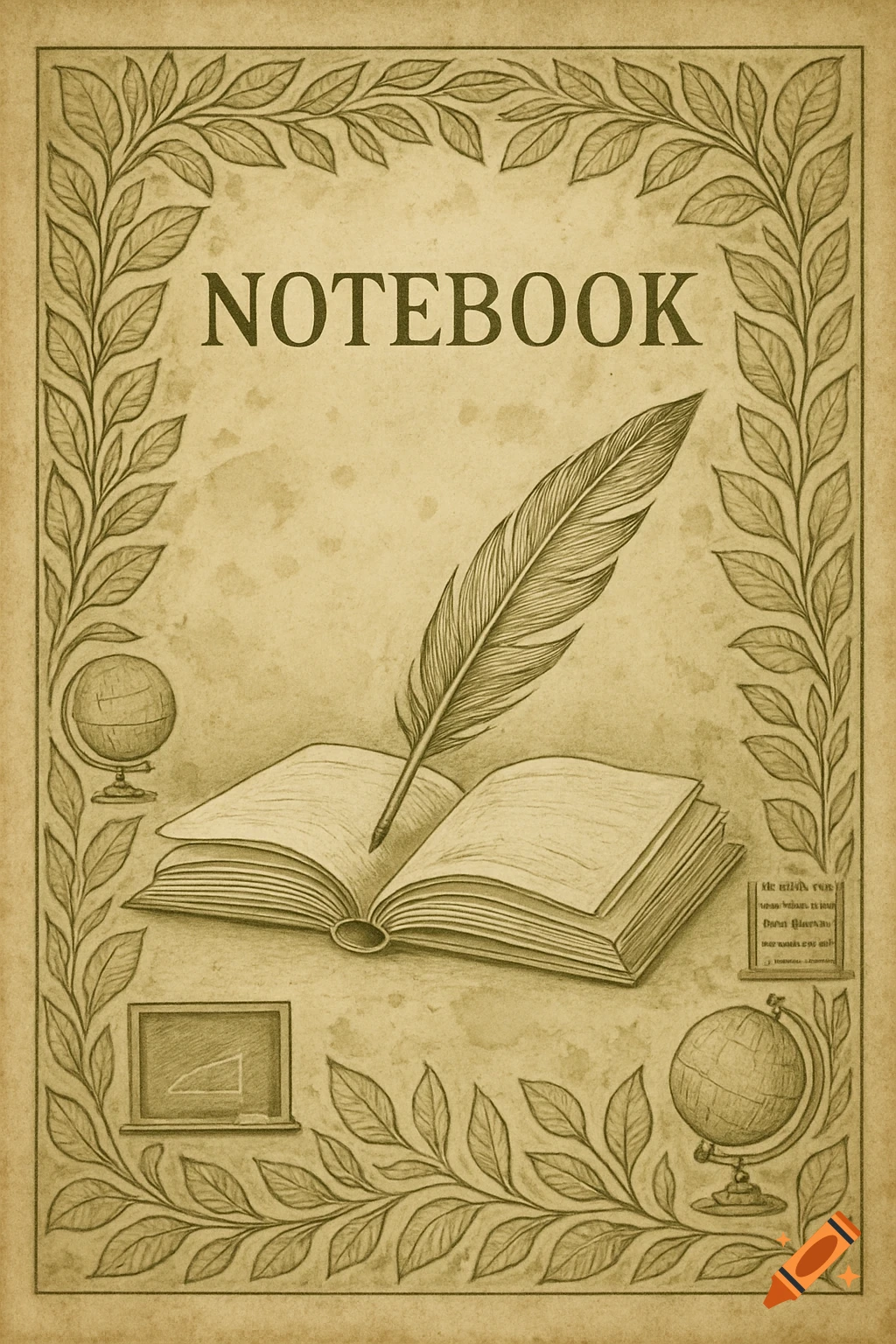 A vintage-style notebook cover illustration featuring "NOTEBOOK" text, a quill, an open book, a globe, and a blackboard, framed by leaves.