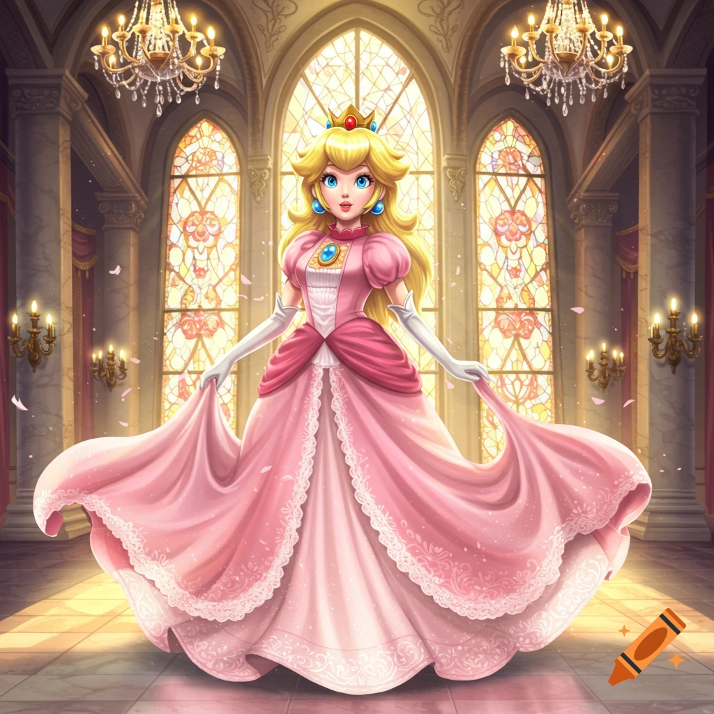 Princess Peach in a flowing pink dress, posing in a grand hall with chandeliers and stained glass windows. Digital art.