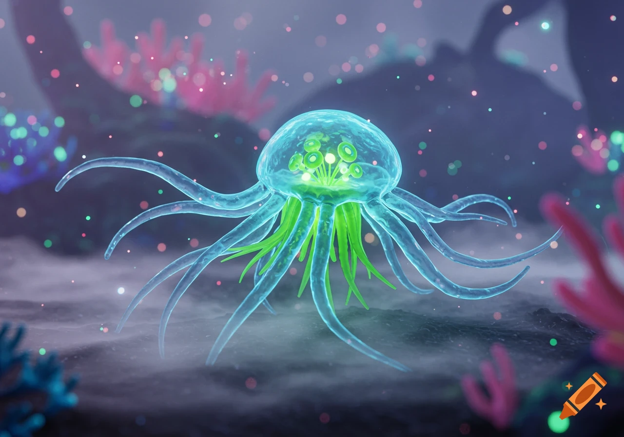A glowing, translucent, blue and green jellyfish-like organism with tentacles floats in a dark bioluminescent underwater environment.