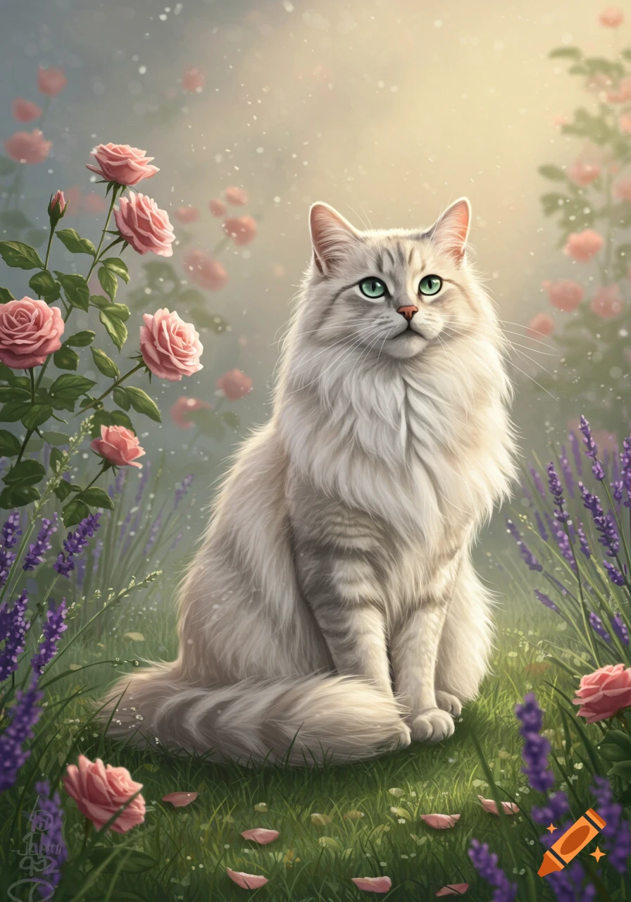 A fluffy silver-white cat with green eyes sits amidst pink roses and purple lavender in a sunlit, dreamlike garden.