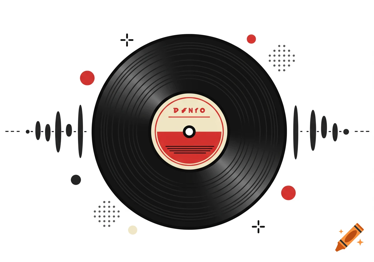 Stylized illustration of a black vinyl record with sound waves and geometric shapes on a white background.
