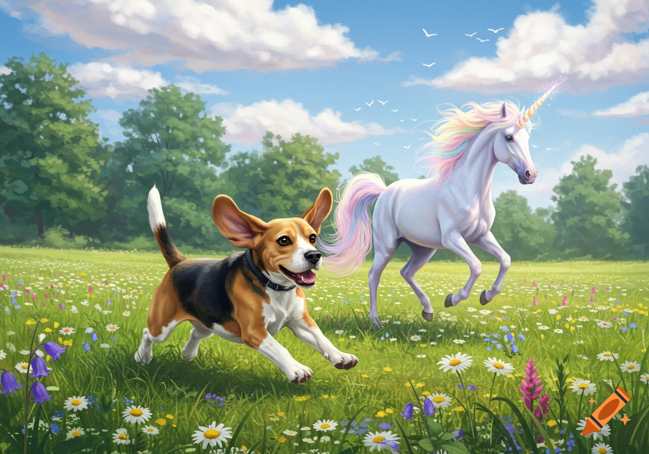 A happy beagle dog with floppy ears chases a magical white unicorn with a rainbow mane and tail through a field of wildflowers under a sunny sky.