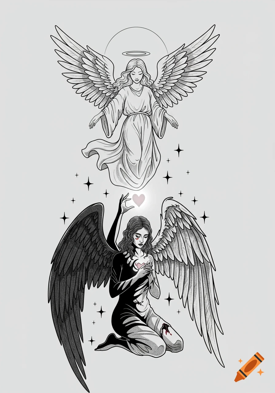A black-and-gray sketch of a levitating good angel above and a kneeling fallen angel below, exchanging a glowing heart amidst stars.