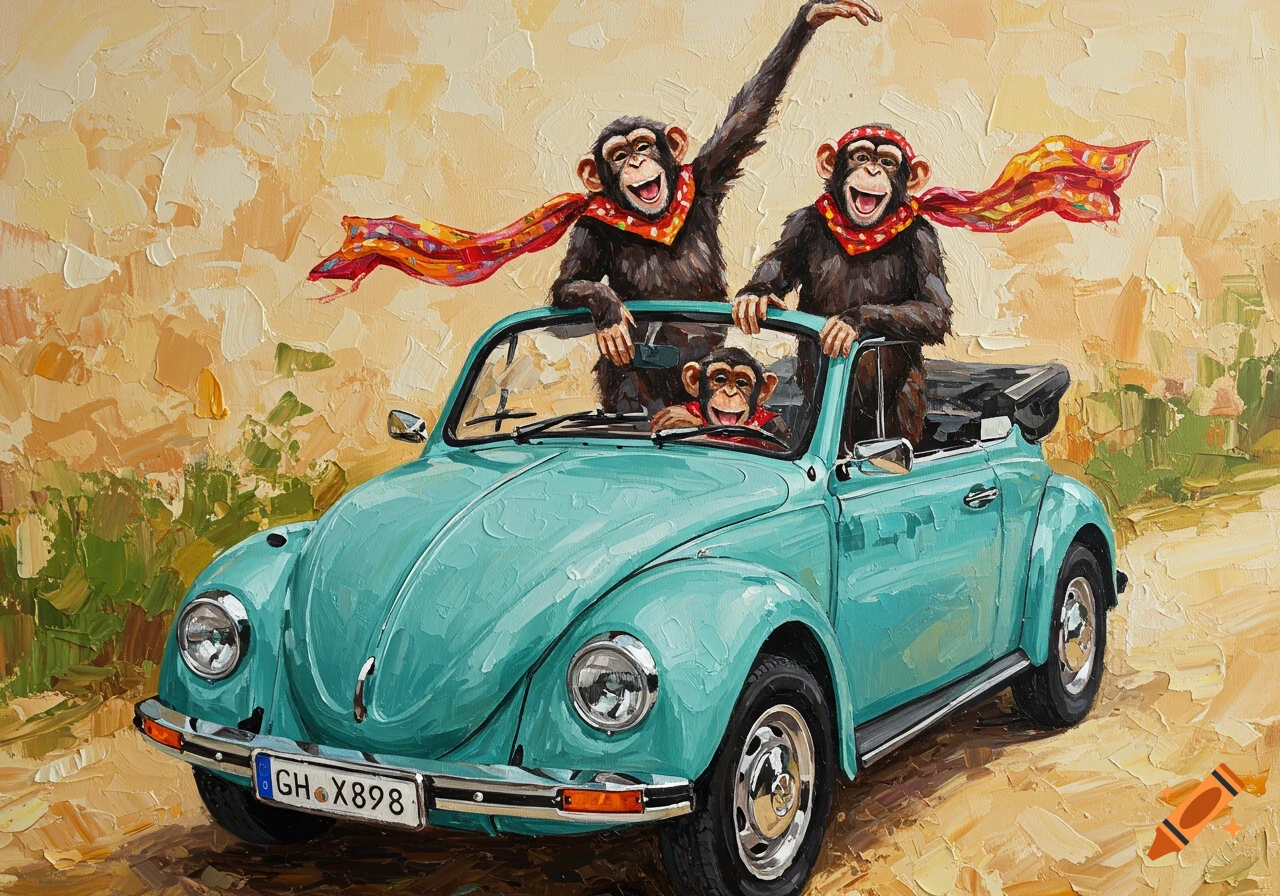 A vibrant acrylic painting of three happy monkeys driving a turquoise Volkswagen Beetle convertible.