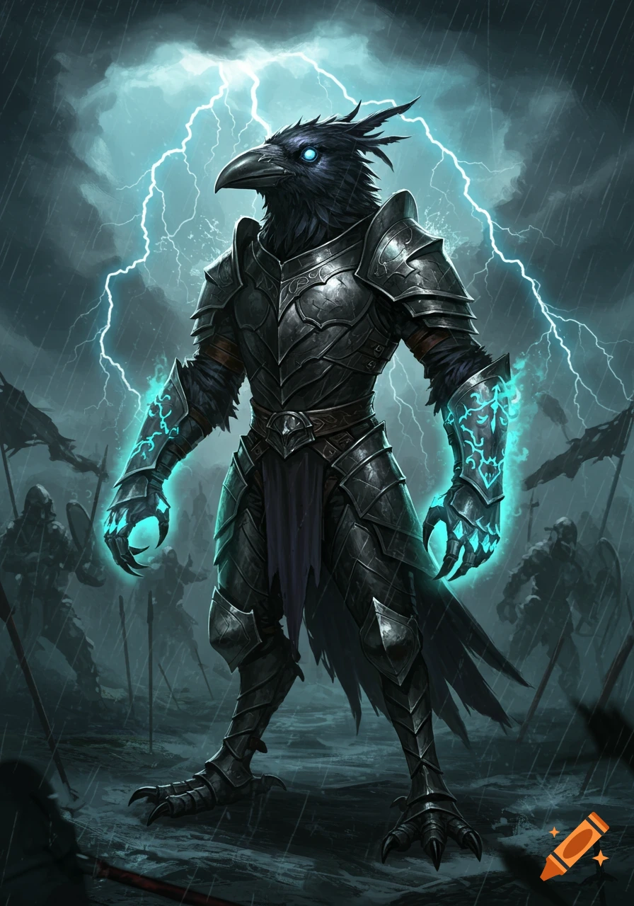 A powerful crow-headed warrior in dark armored plate, with glowing blue hands and eyes, stands in a stormy, rainy landscape with lightning and shadowy figures.