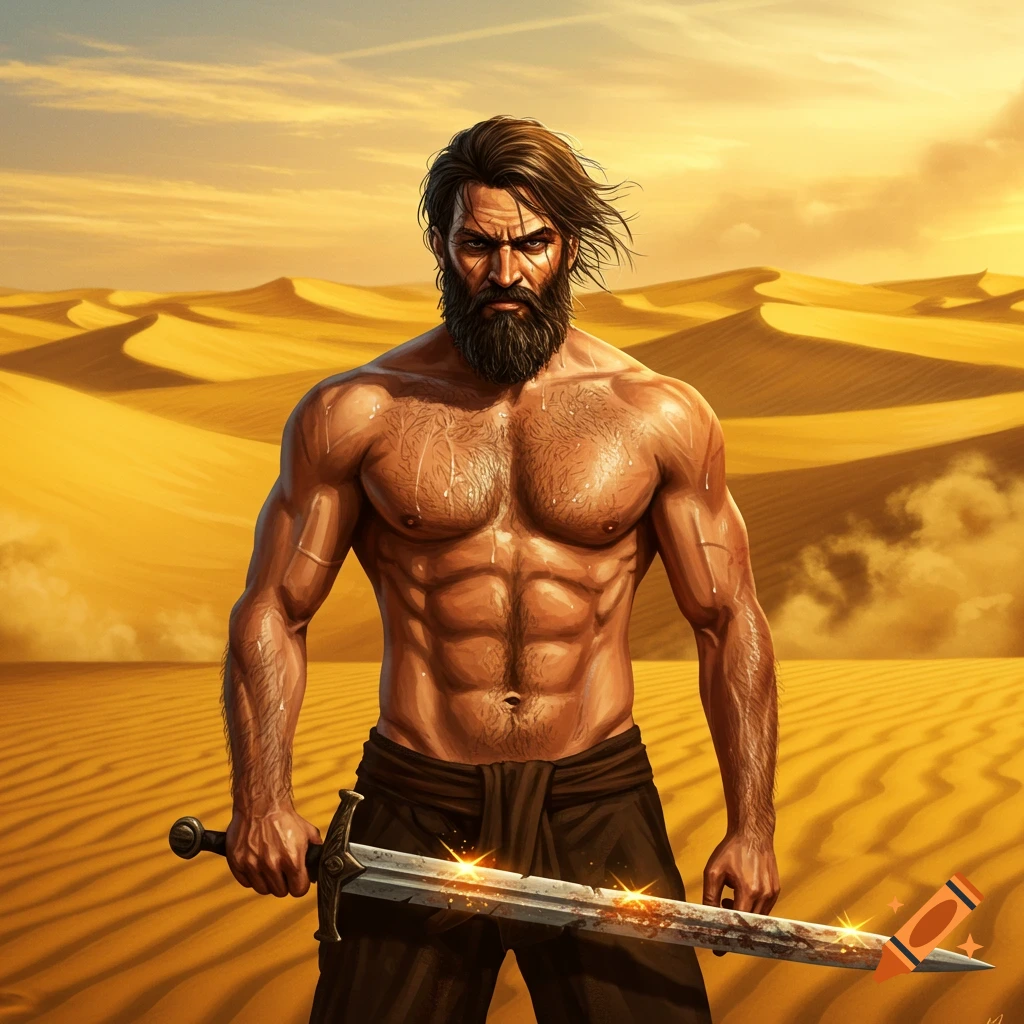 A muscular, bearded man, shirtless and sweaty, stands in a golden desert holding a gleaming sword. The sky is orange and yellow.