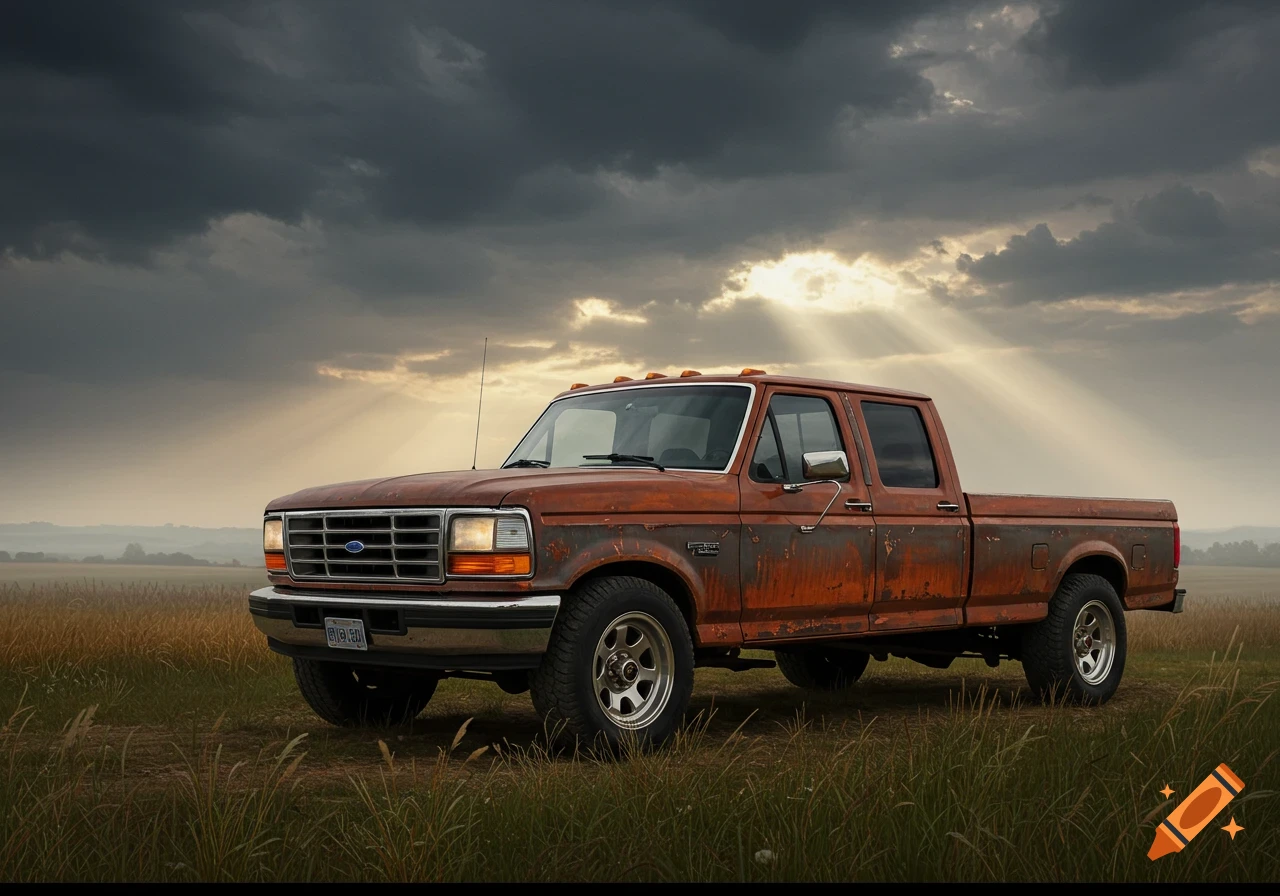 A photorealistic image of a very rusty, squatted Ford F-350 pickup truck parked in a golden field under a dramatic cloudy sky with sun rays.