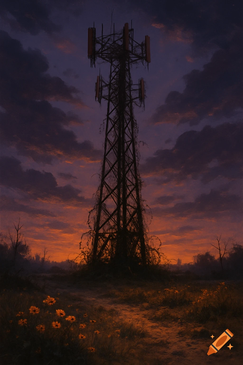 An overgrown radio tower stands tall against a dramatic orange and purple sunset sky, with a path and yellow flowers in the foreground.
