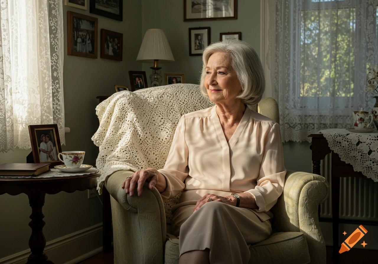 An elderly woman with gray hair sits in a sunlit armchair, smiling gently in a cozy living room with lace curtains and framed photos.