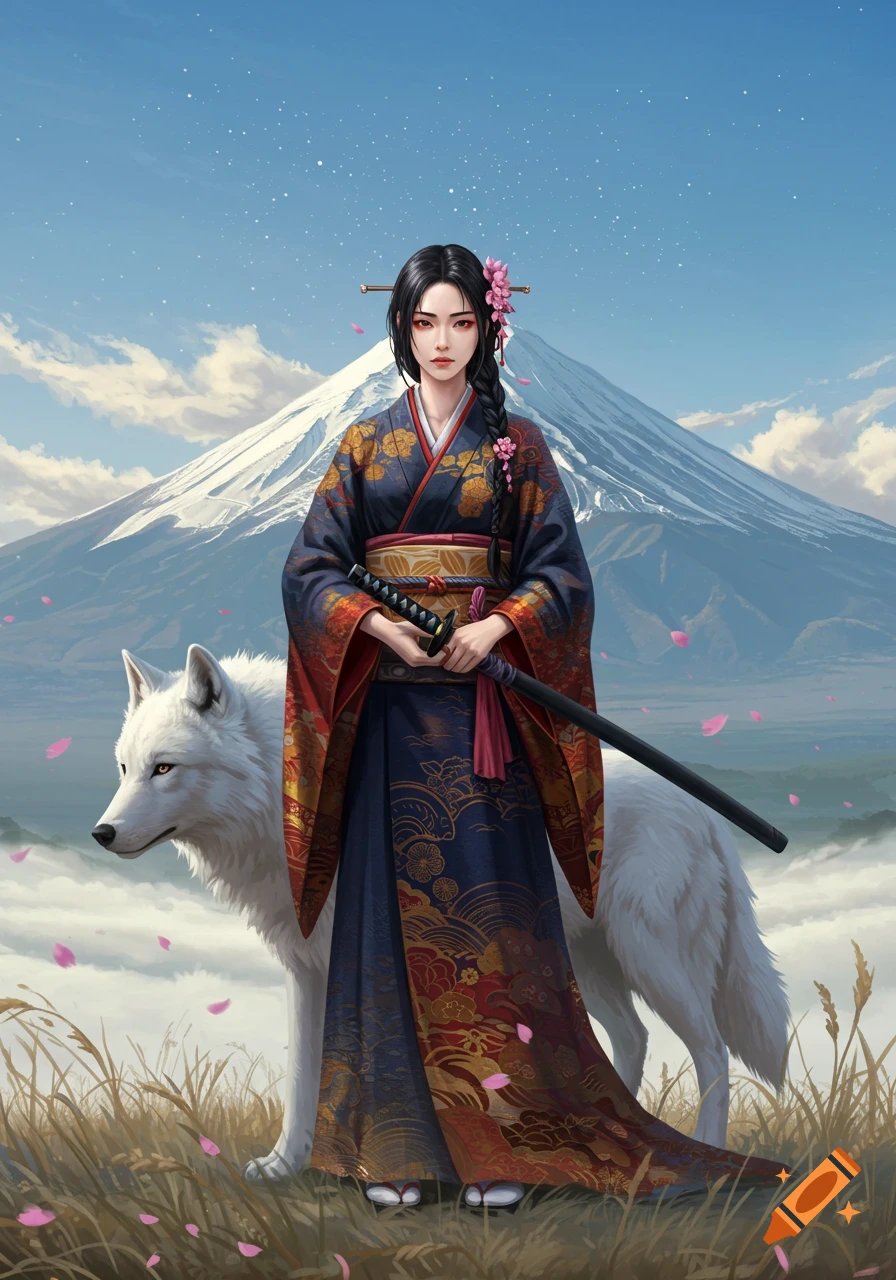 A stylized Japanese swordswoman in a dark kimono with gold patterns stands with a white wolf, holding a katana, against a snow-capped mountain.