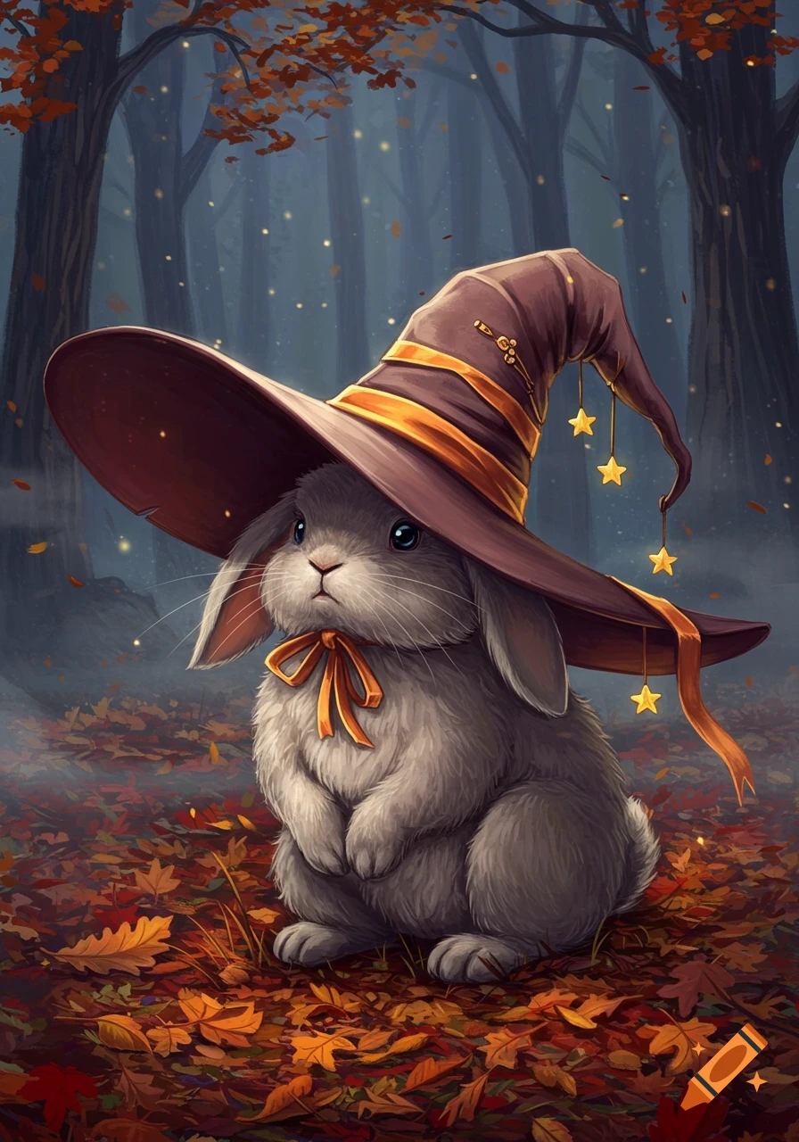 A cute rabbit wearing a large witch hat with stars, sitting amidst autumn leaves in a dark, whimsical forest.