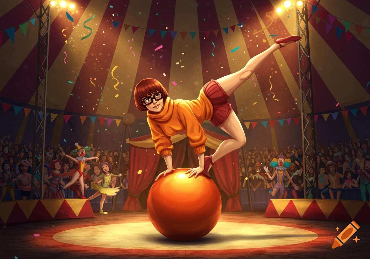 Cartoon illustration of Velma from Scooby-Doo balancing on a large orange ball in a vibrant circus tent.