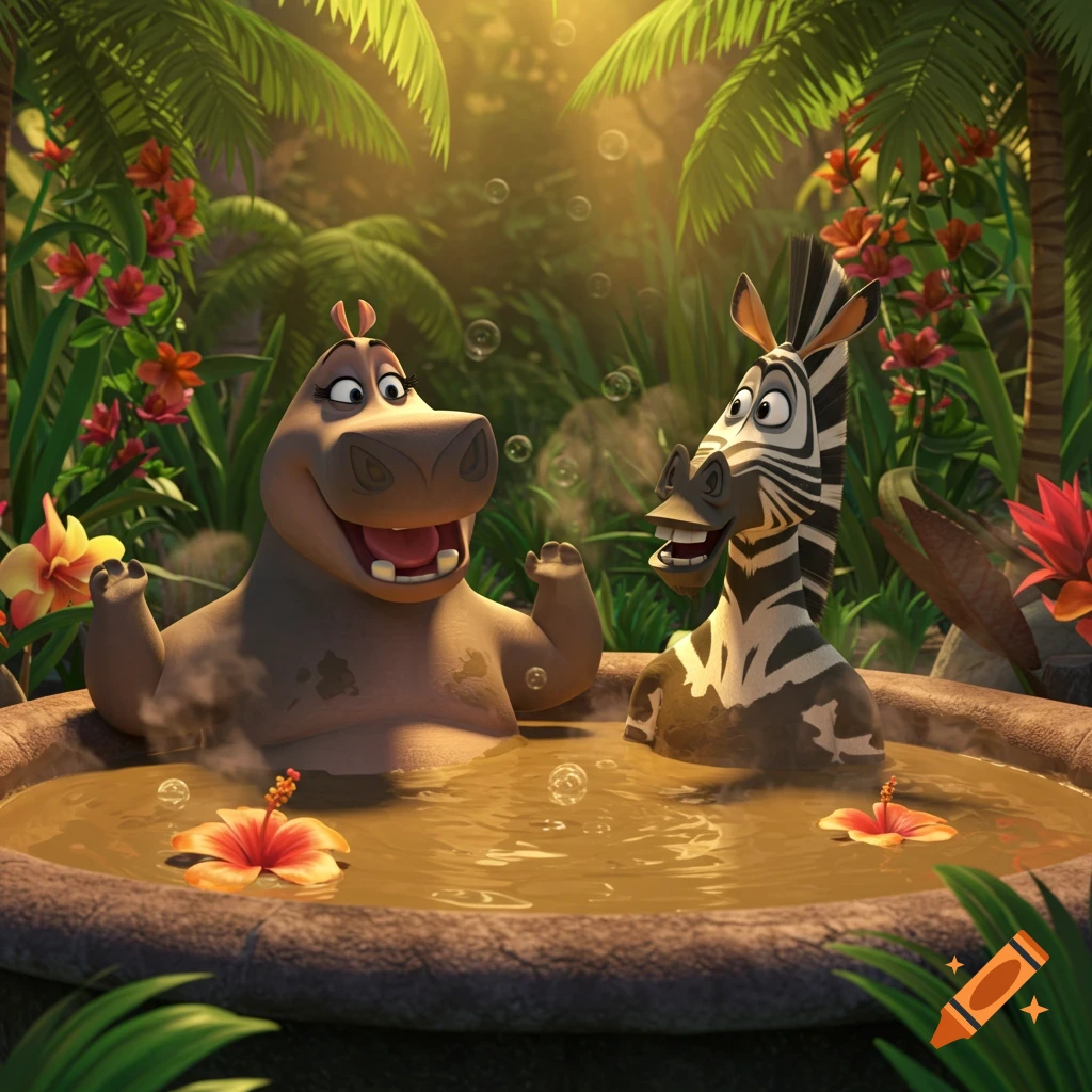 Gloria the hippo and Marty the zebra relax in a mud hot tub in a lush jungle setting, 3D animation.