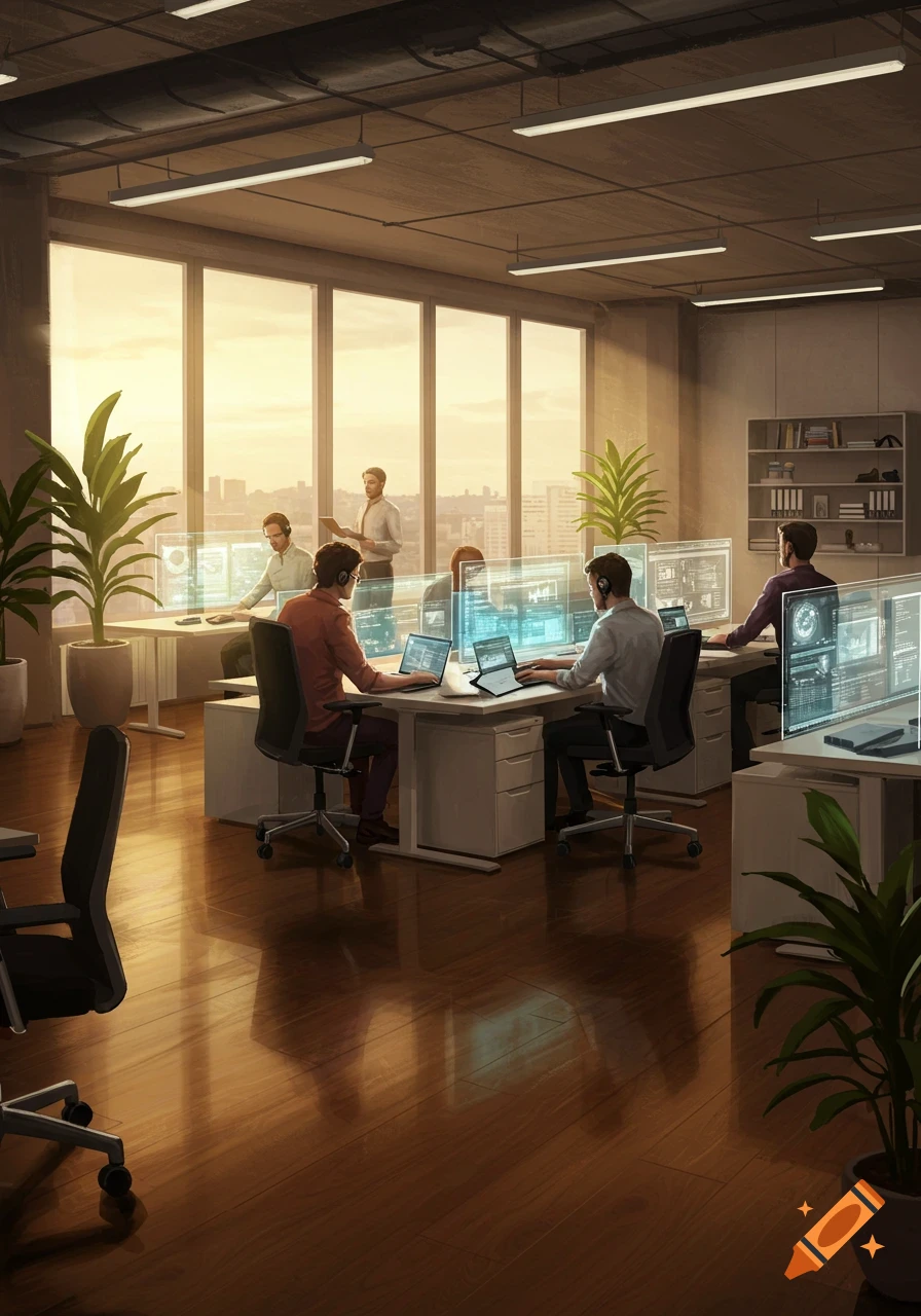 An office with people working on computers and holographic screens, with a city skyline visible through large windows at sunset, painted style.