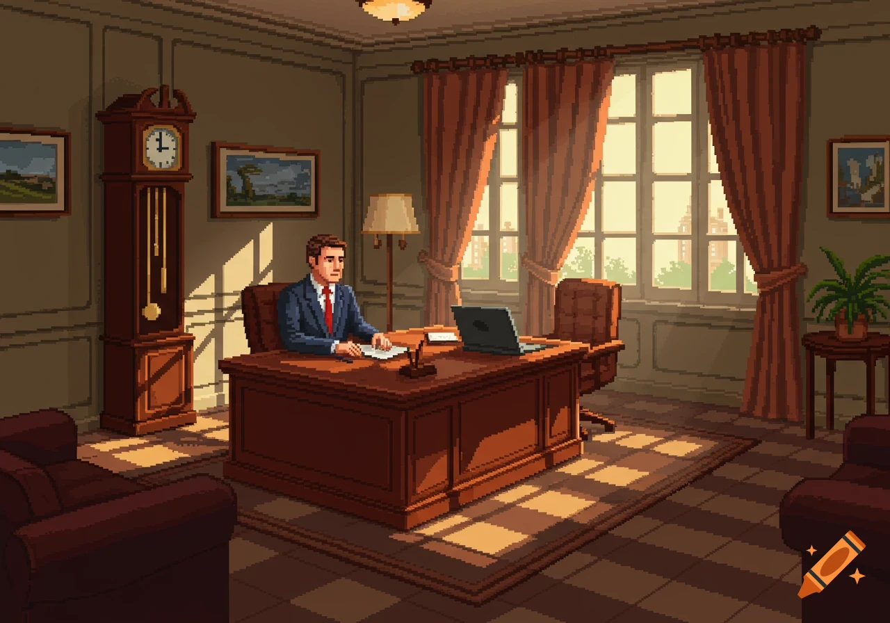A man in a suit sits at a large wooden desk in a pixel art style office, with a laptop, paper, and pen. Sunlight streams through a large window, creating checkered shadows on the floor. A grandfather clock stands to the left.
