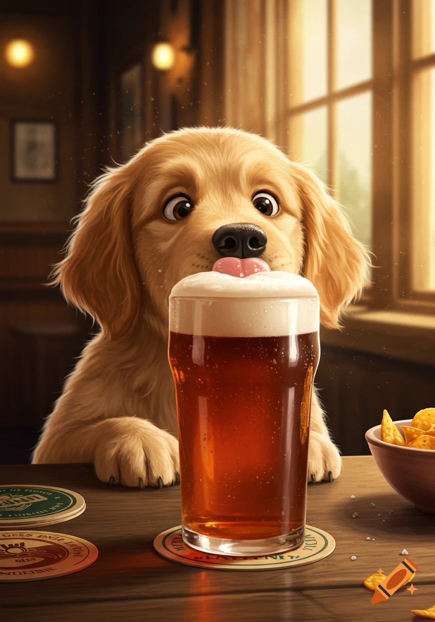 A cute, cartoon-style golden retriever puppy peeking over a wooden pub table, licking the foam off a pint of beer.