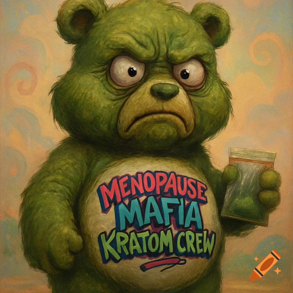 A grumpy, old green bear with bulging eyes and 'Menopause Mafia Kratom Crew' on its stomach holds a bag of green powder.