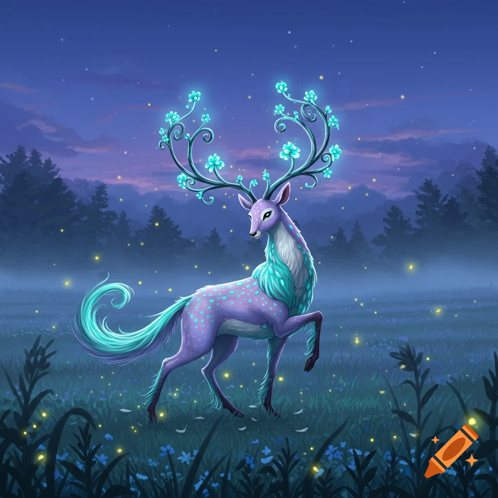 A purple and teal fantasy deer with glowing floral antlers stands in a misty forest at night with fireflies, in a digital art style.