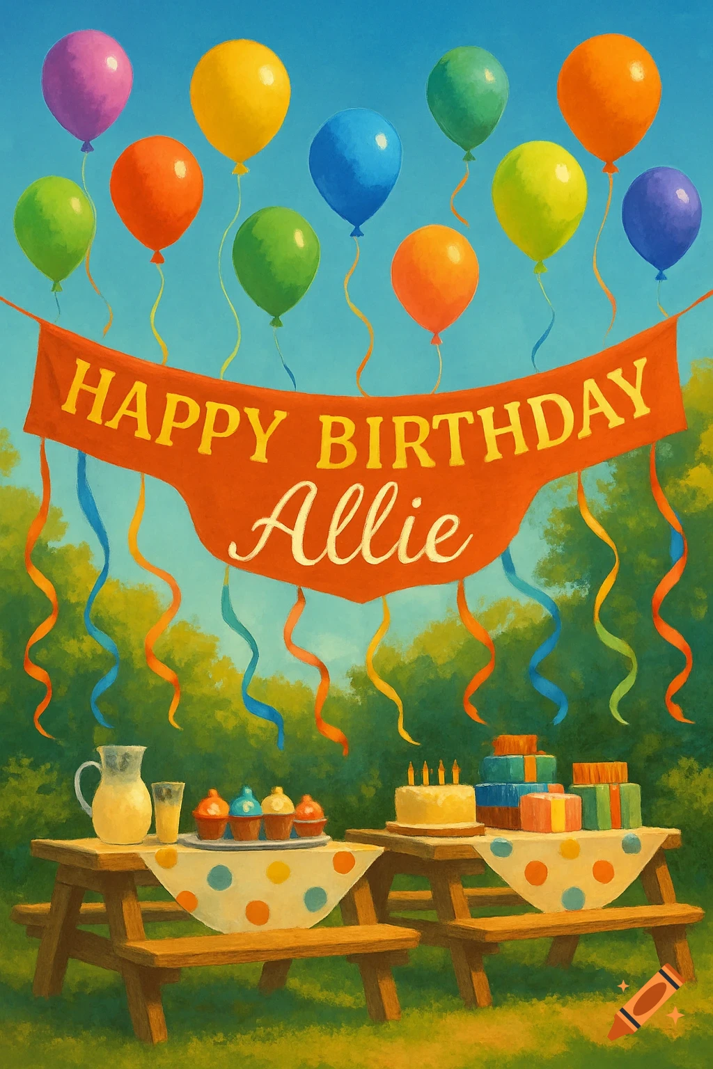A colorful outdoor birthday party with balloons, a 'HAPPY BIRTHDAY Allie' banner, a cake, gifts, and cupcakes on picnic tables.