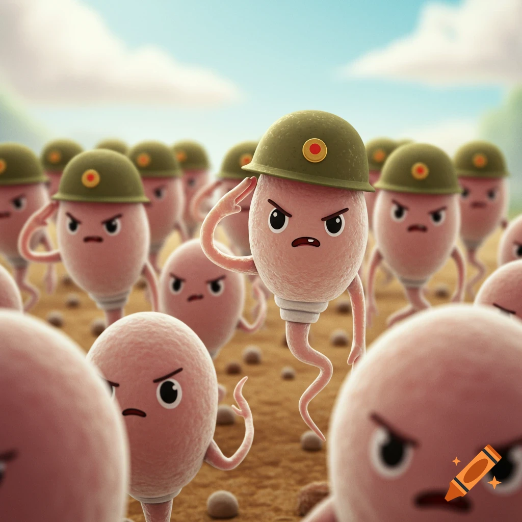 A platoon of angry, cartoon sperm cells wearing soldier hats, with one in the foreground saluting.