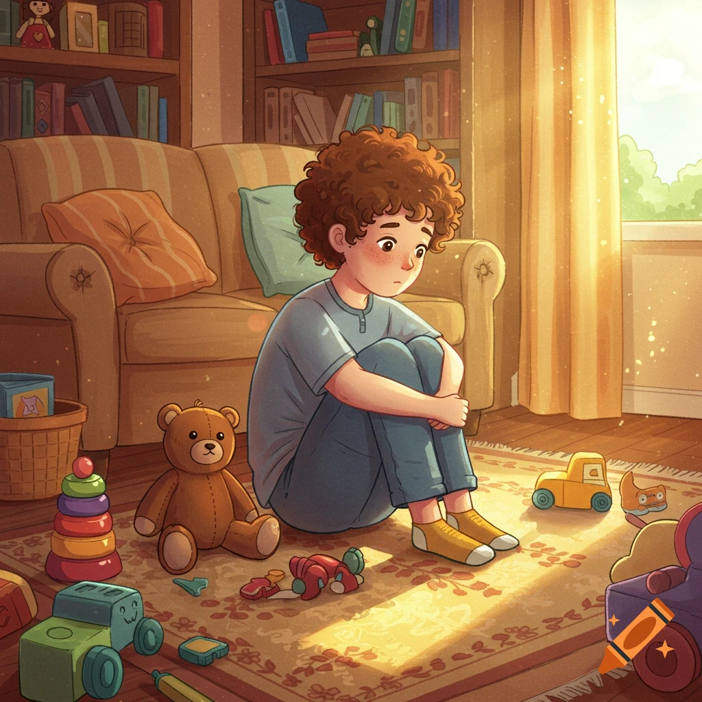 A sad boy with curly hair sits on the floor hugging his knees, surrounded by toys in a cozy, sunlit living room. Cartoon children's book style.