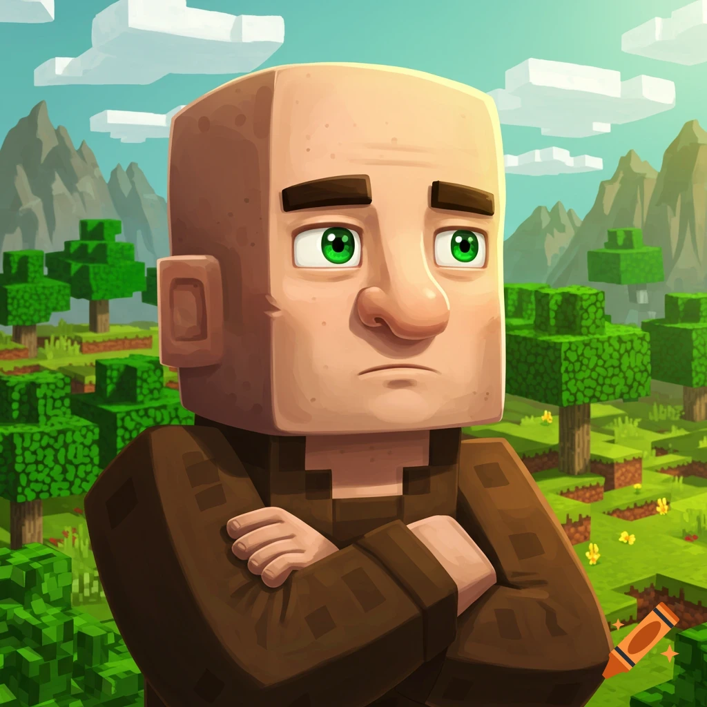 A stylized Minecraft villager with emerald eyes and a large nose, arms crossed, in a blocky landscape.