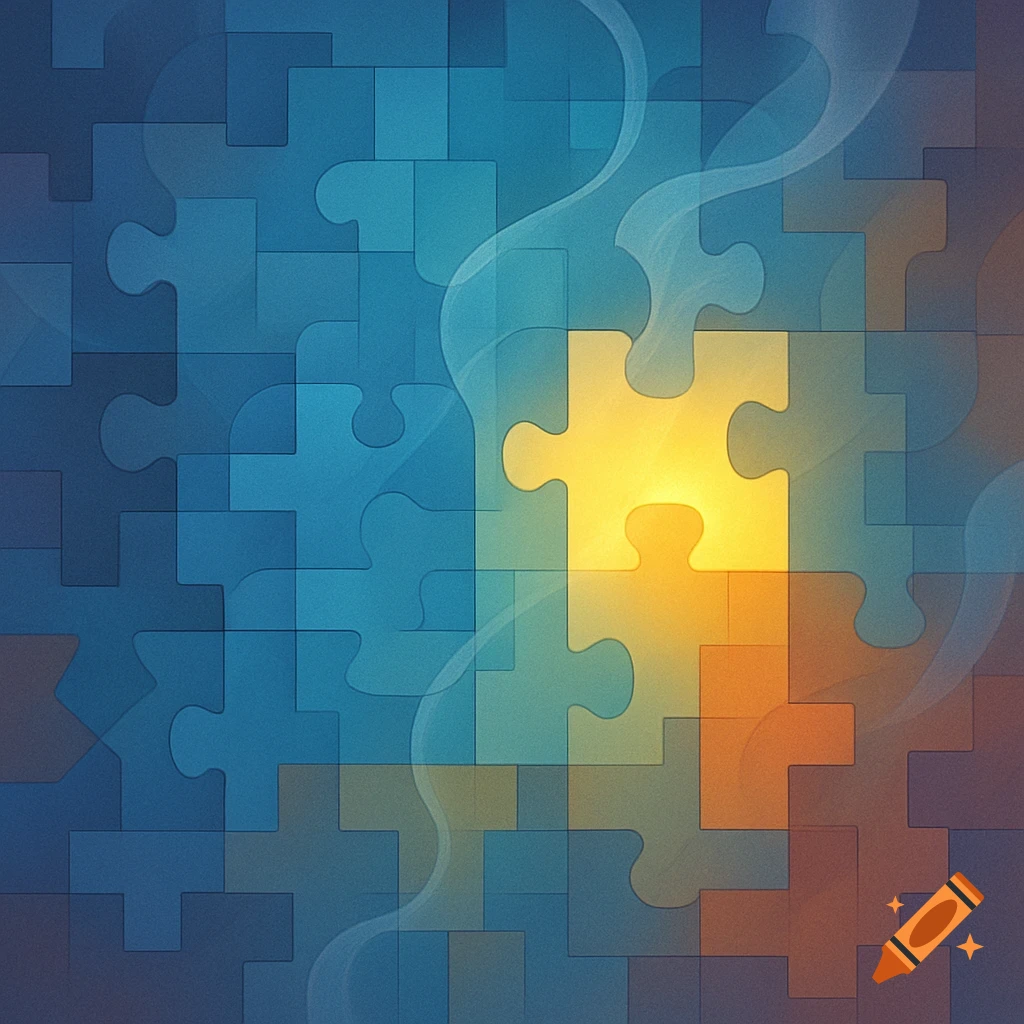 Abstract puzzle pattern with blue and teal pieces, a central section glowing bright yellow and orange, overlaid with subtle wavy lines.