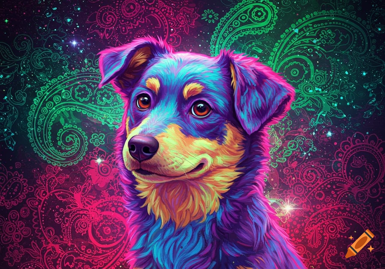 A vibrant, colorful psychedelic dog portrait against a sparkling background of intricate paisley patterns.