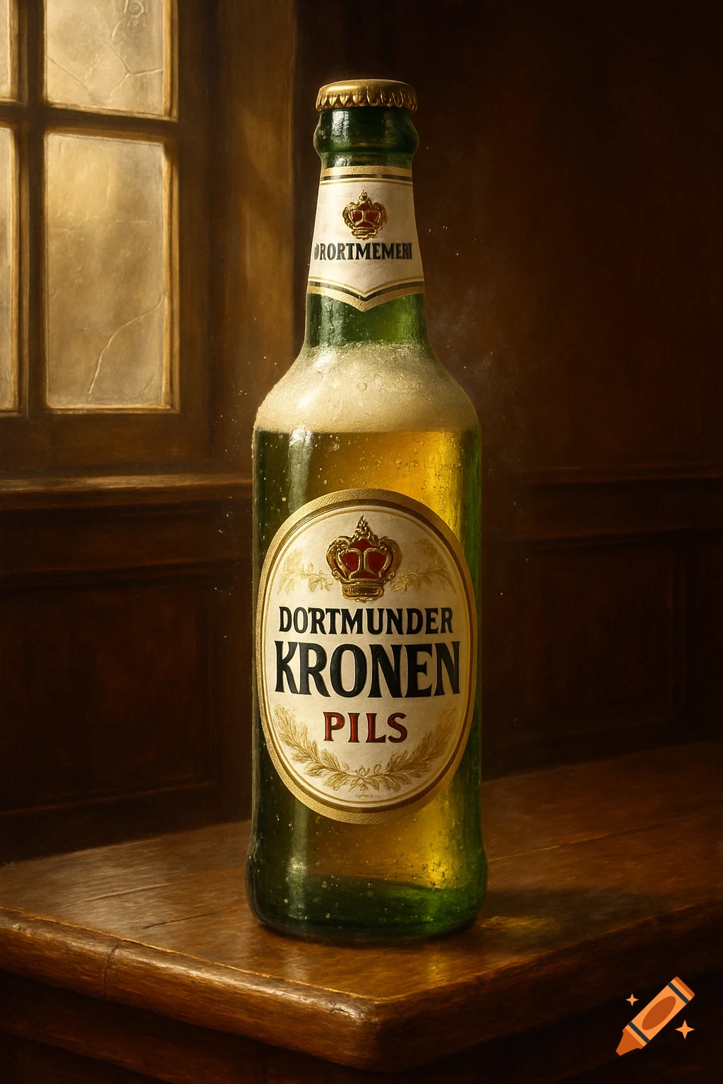 A close-up, photorealistic image of a cold green beer bottle labeled 'DORTMUNDER KRONEN PILS' on a wooden surface next to a window.