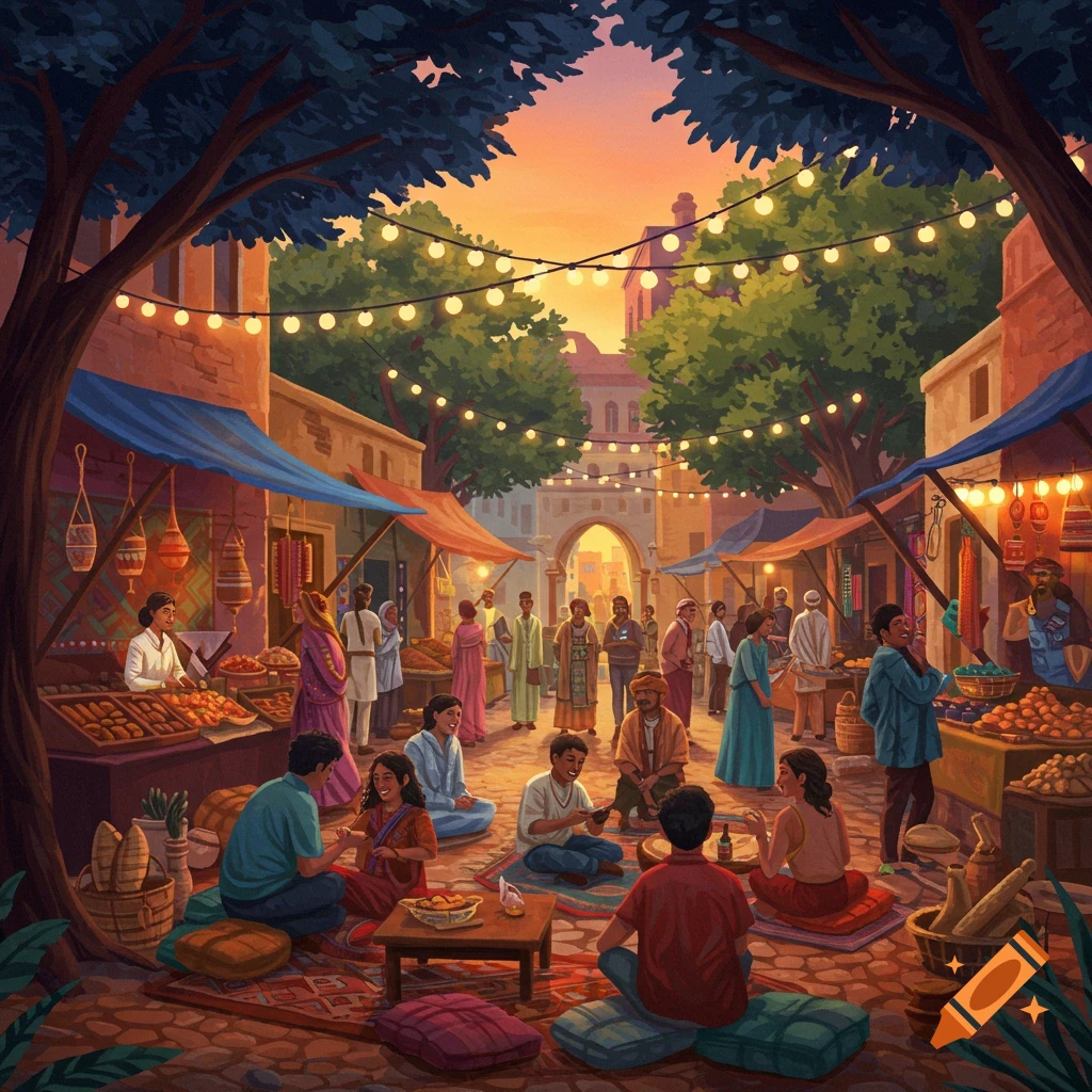 Vibrant illustration of a bustling outdoor marketplace at sunset, with people gathering and selling goods under string lights.