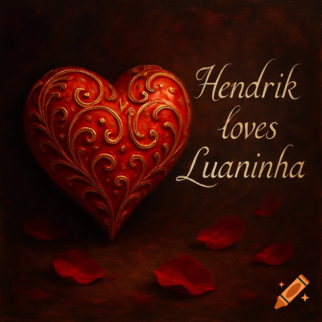 A vibrant red ornate heart with gold filigree on a dark background, surrounded by scattered red rose petals. Text reads 'Hendrik loves Luaninha'.