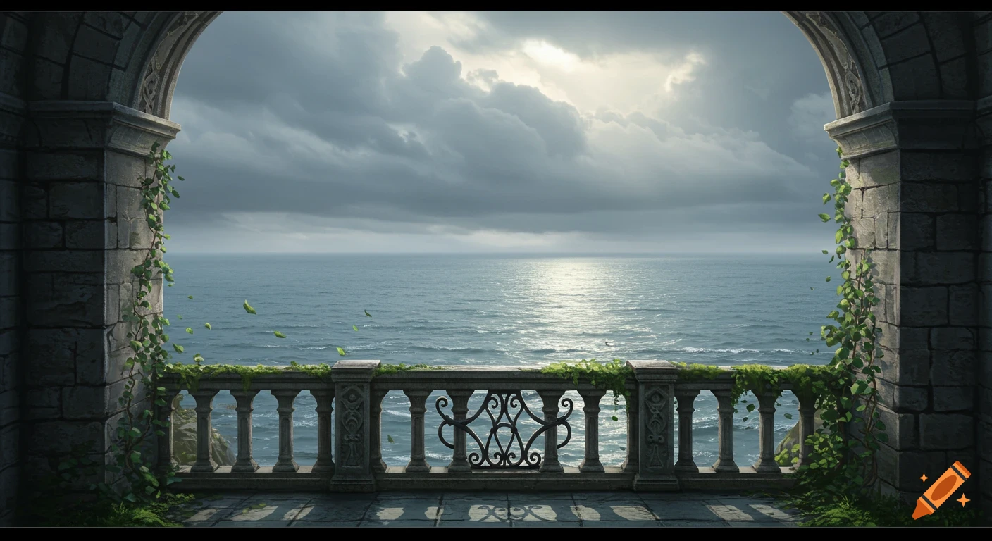 Photorealistic view from a stone balcony with ivy, overlooking a stormy ocean under a cloudy sky.