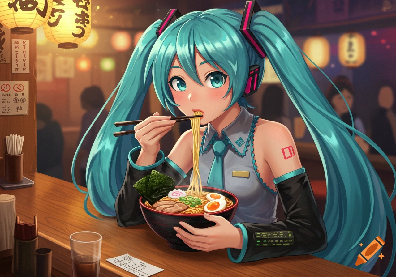 Hatsune Miku, an anime girl with teal pigtails, eating ramen at a Japanese restaurant.