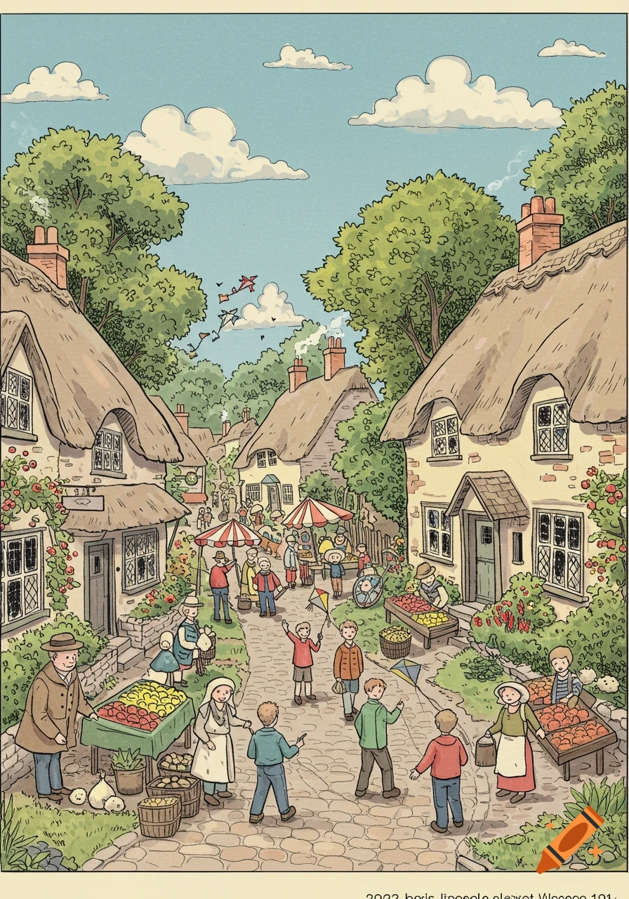 Charming illustration of a busy village market with thatched-roof houses, people, and kites in the sky.