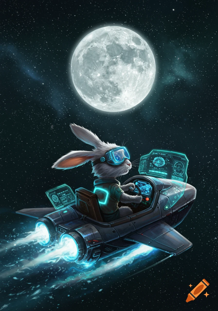 A cute rabbit wearing goggles pilots a futuristic spaceship through space towards a large moon.