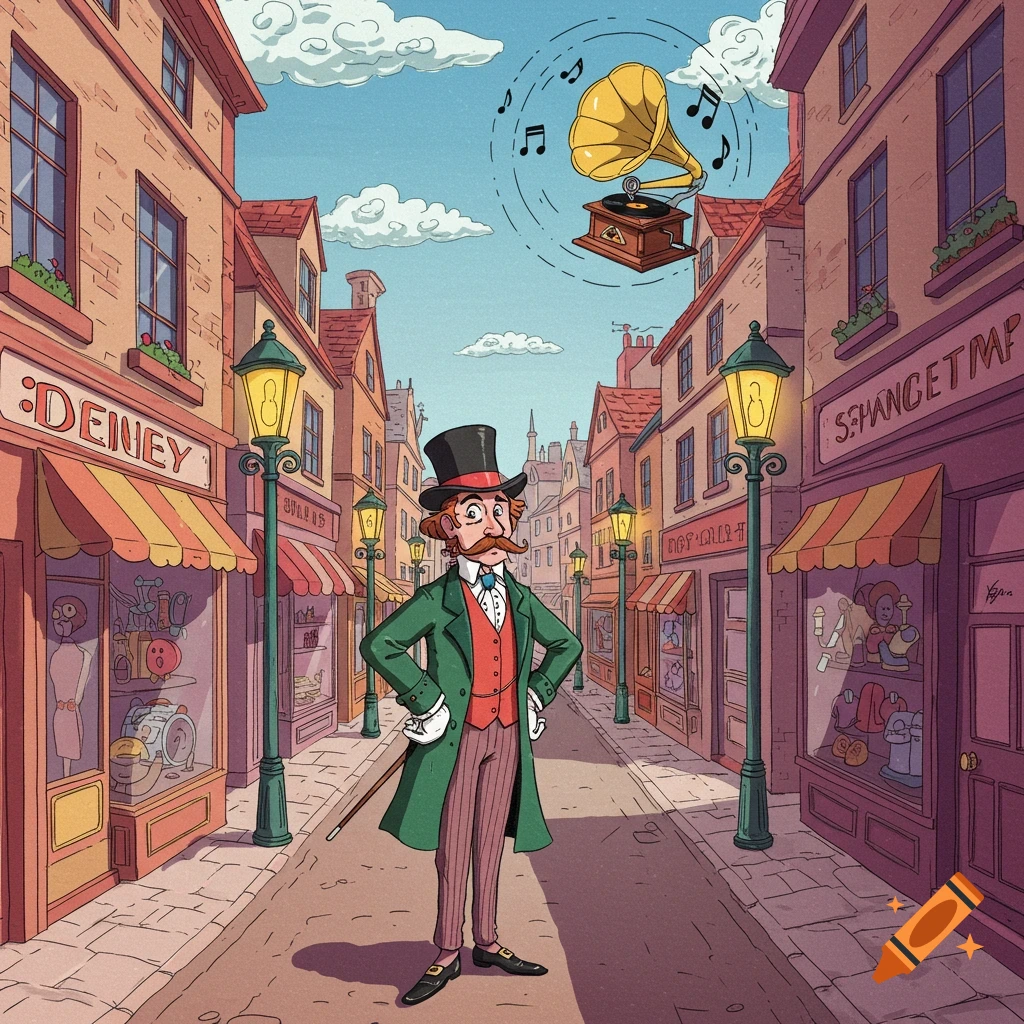 A cartoon dandy gentleman with a top hat and cane stands in an old-fashioned city street lined with shops, a gramophone floating above him playing music.