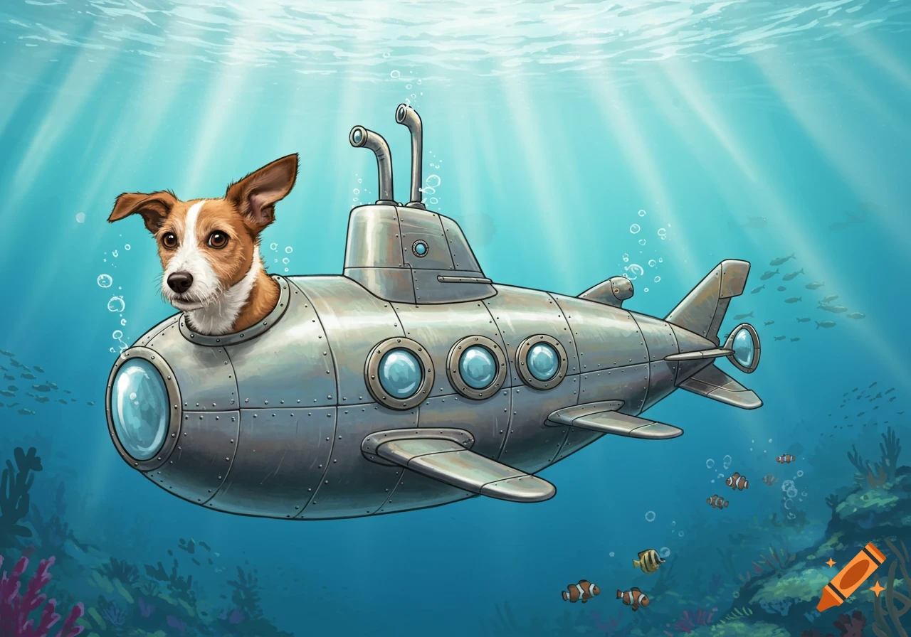 A cartoon illustration of a cute brown and white dog's head peering out of a silver submarine underwater with fish and coral.