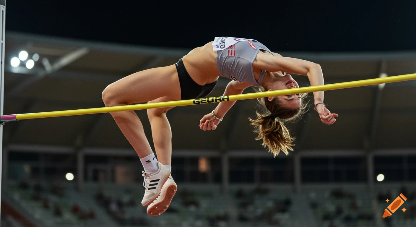 Photorealistic image of a young female athlete high jumping Fosbury Flop style, clearing a yellow bar in a stadium.