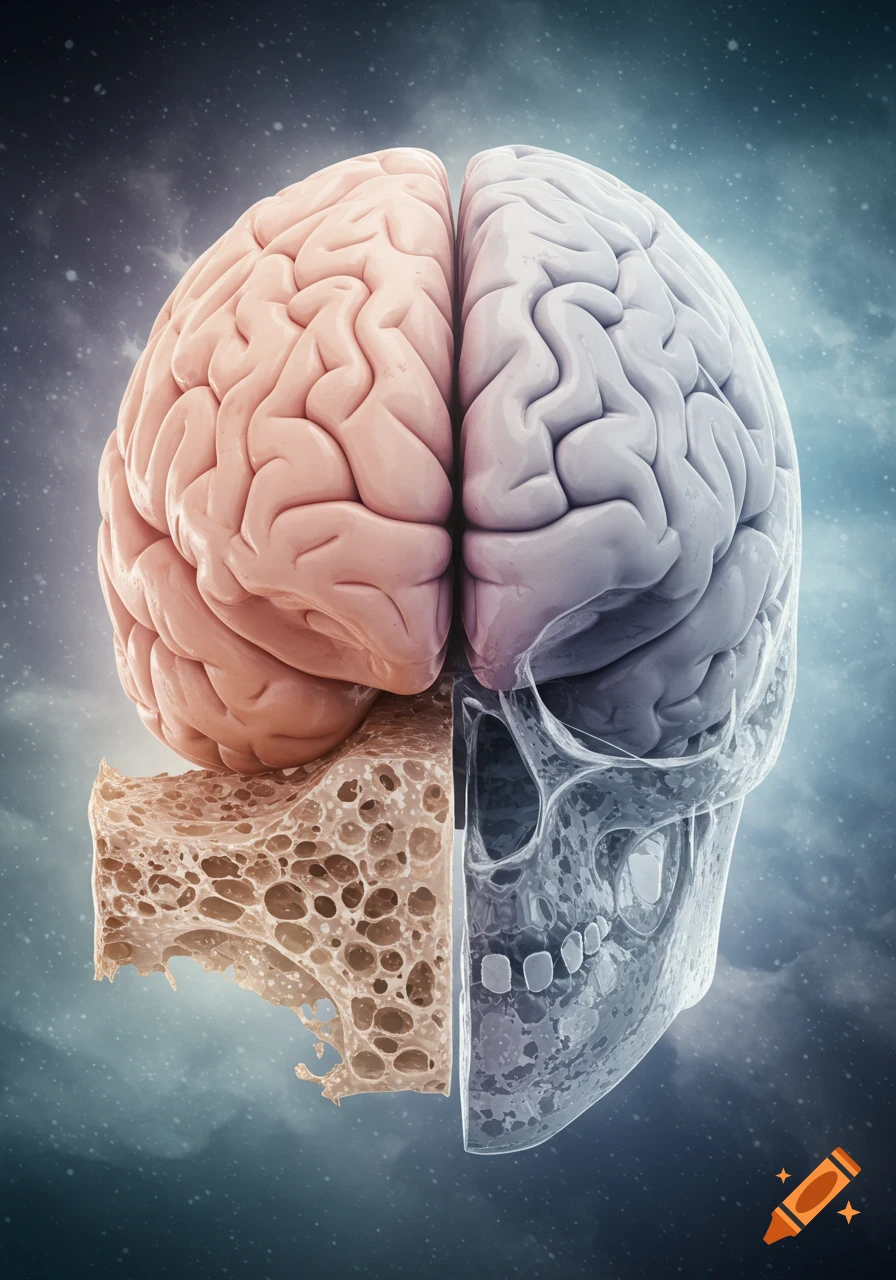 Conceptual image of a brain, porous bone, and transparent skull, split vertically, against a cosmic background.