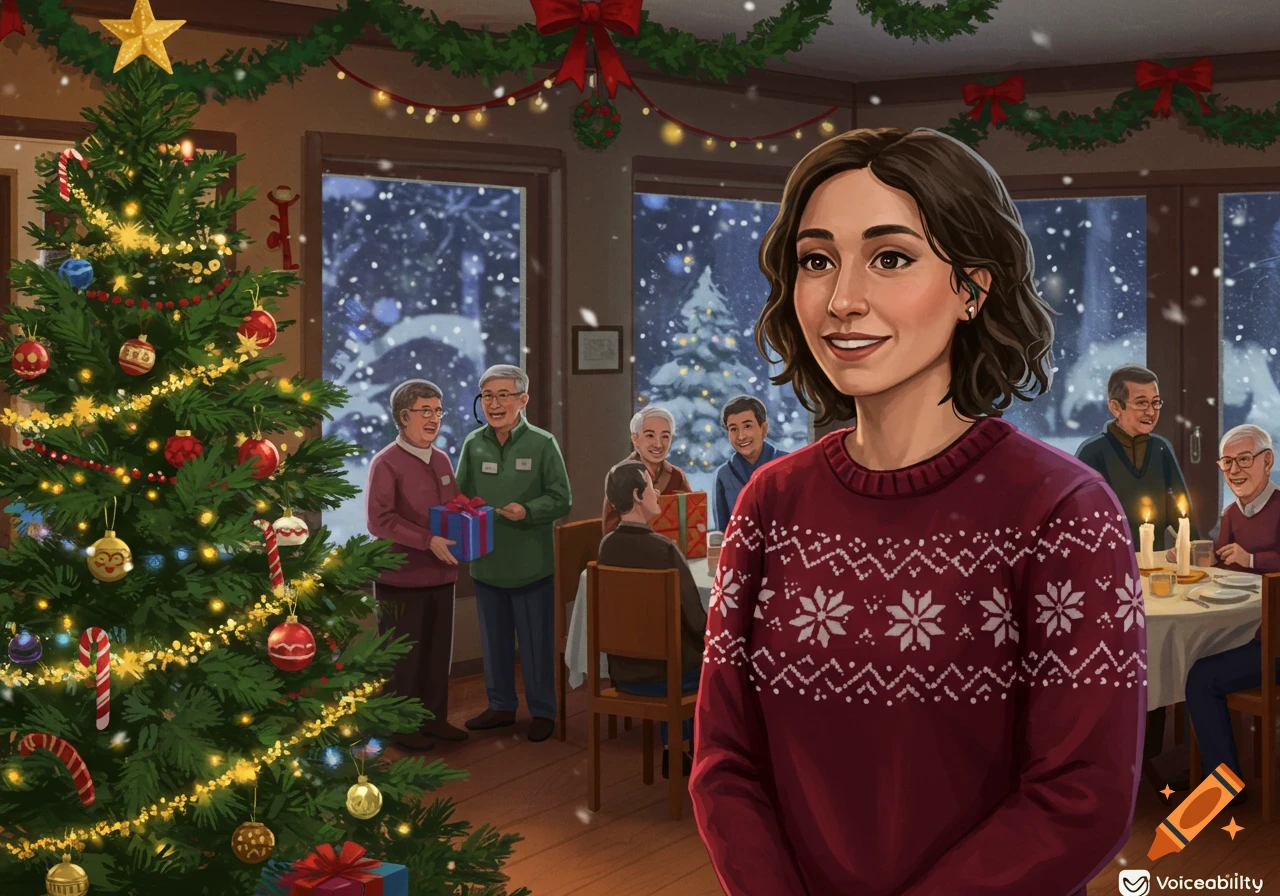 An illustration of a smiling woman in a patterned red sweater at a Christmas party, with a decorated tree and guests in the background.
