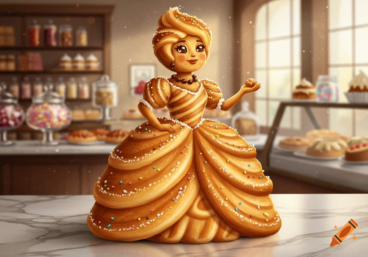 Whimsical cookie lady in a sprinkle-covered pastry gown stands in a bright bakery, holding a small bun.