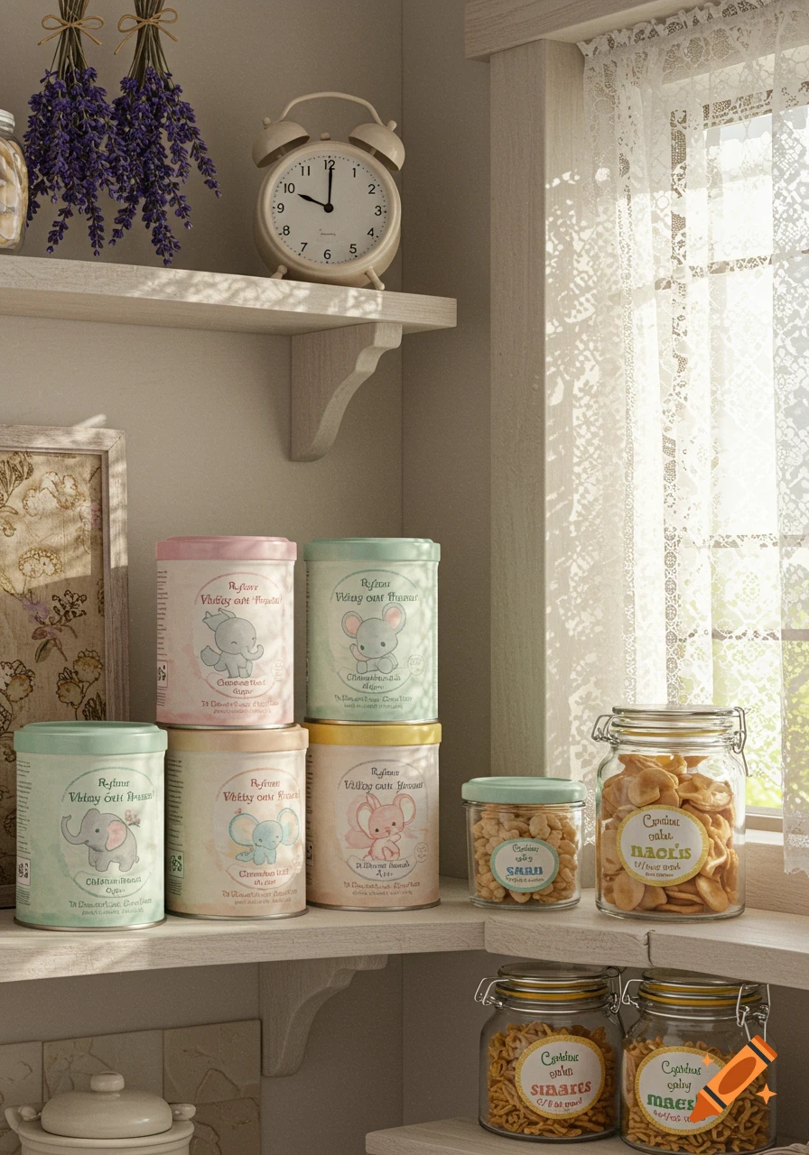 A rustic kitchen shelf with cans labeled with cartoon elephants, jars of snacks, an alarm clock, and dried lavender by a window.