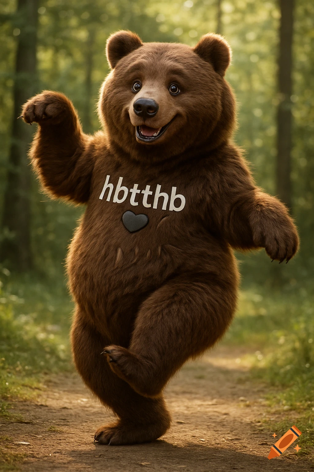 A realistic brown bear mascot dancing playfully in a sunlit forest, with 'hbtthb G' on its chest.
